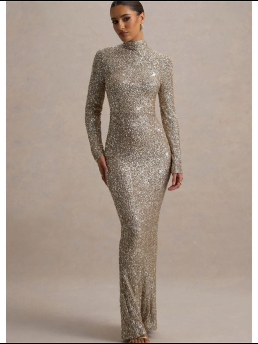 Club L London Champagne Sequined Long Sleeve Maxi Dress